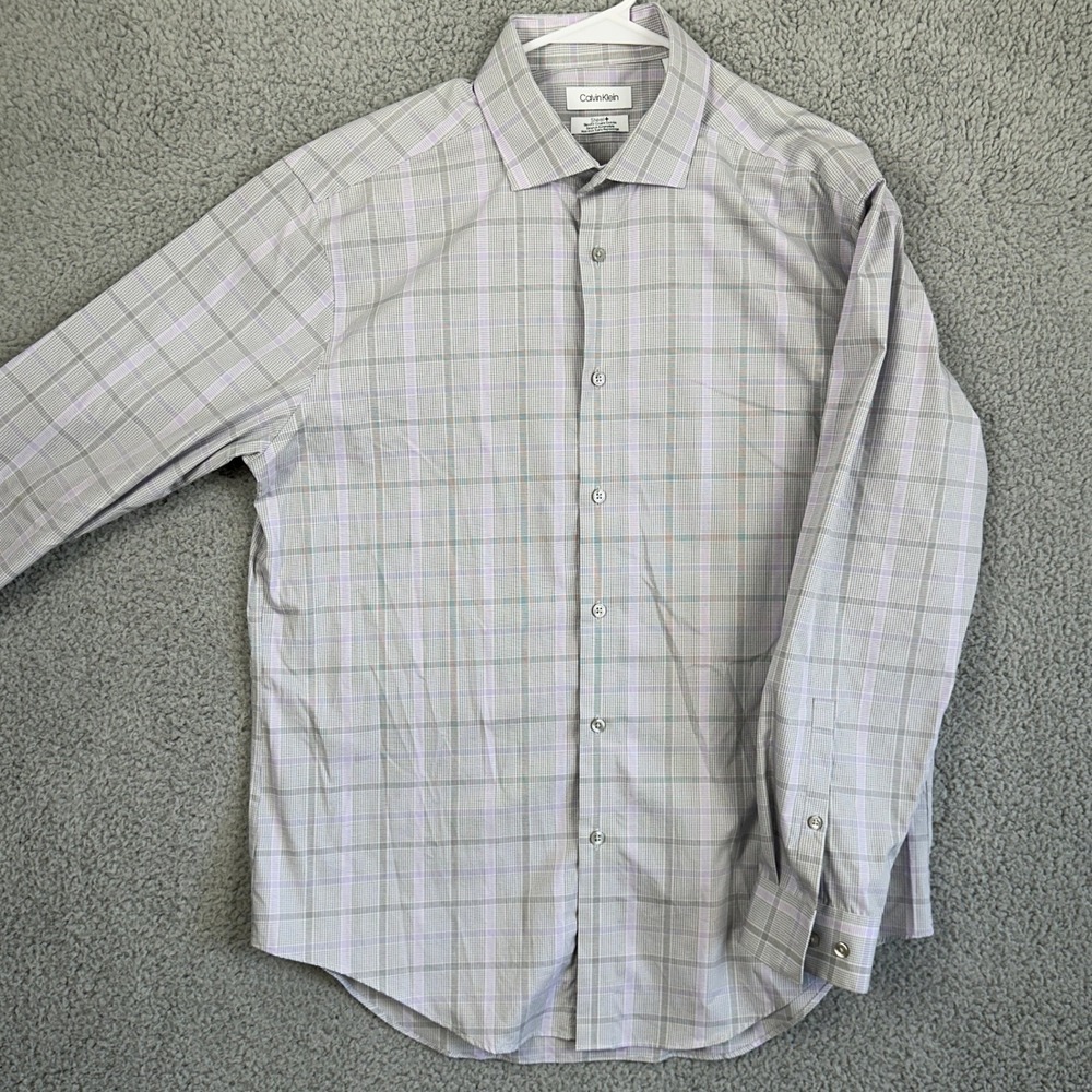Calvin Klein Steel Plus Shirt Dress Mens 16.5 32-33 Black Purple Plaid Slim Fit